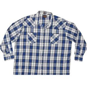 Plains Western Blue Plaid Big Man 3XLT Long Sleeve Snap Button Shirt - Polyester